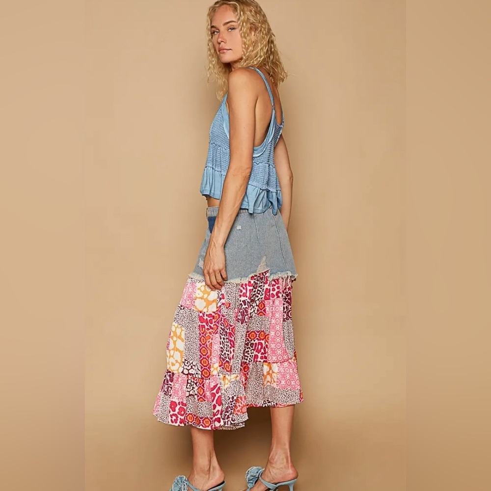 POL Printed Woven Contrast Denim Skirt Size Large NEW - Picture 6 of 7